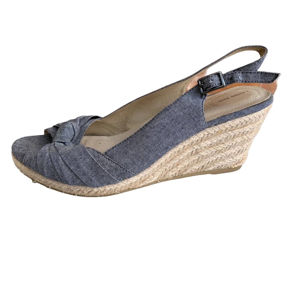 Lands End Denim Chambray Espadrille Wedge Sandals 9